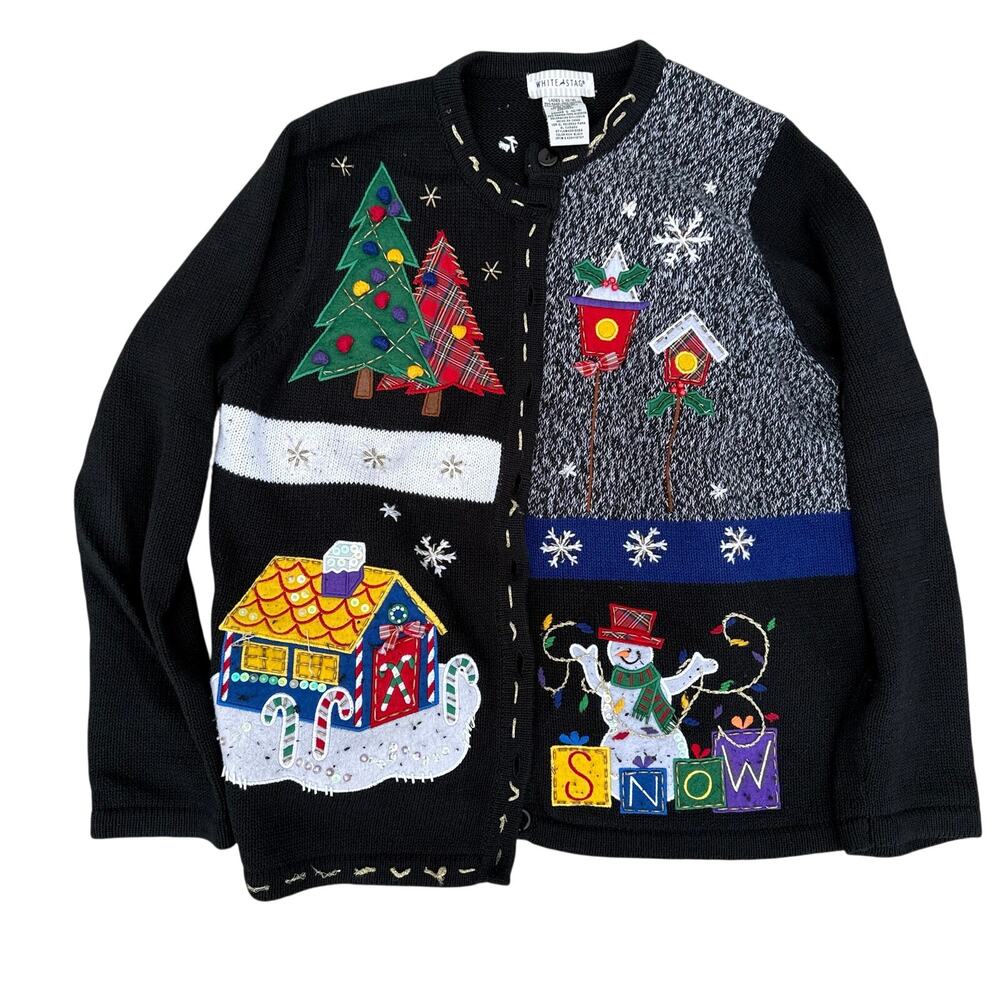Vintage White Stag Christmas Cardigan Sweater Button Up Festive Beaded L 12/14